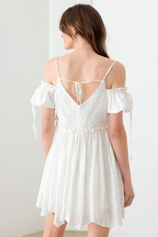 White Mini Dress - Lace Detail Embroidered - Dropped Shoulder Clothing & Accessories > Clothing > Dresses cold dress embroidered floral mini mustard pinterestnew seed shirred shoulder