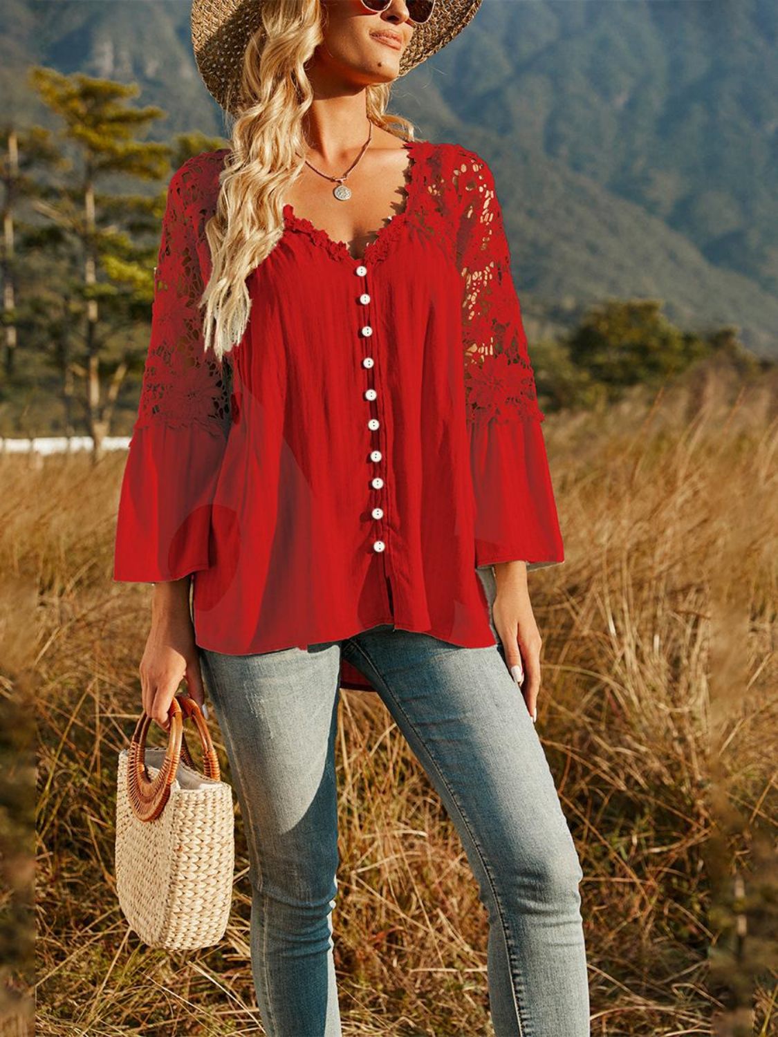 Sexy Solid Lace Plunge Neck Long Dress with Flounce Sleeves Apparel & Accessories > Clothing > Tops L&Q Ship From Overseas sync-pinterest