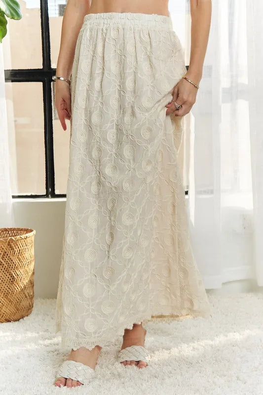 BEIGE Maxi Skirt - Elastic Waist - Cotton - Applique Lace - Flowy Fit 4-23-usa ADORA Ship from USA