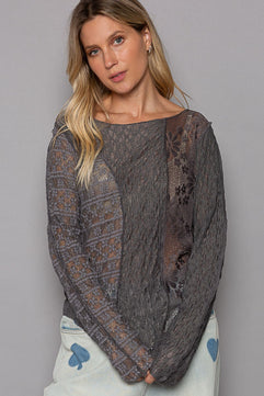 Exposed Seam Long Sleeve Lace Knit Top