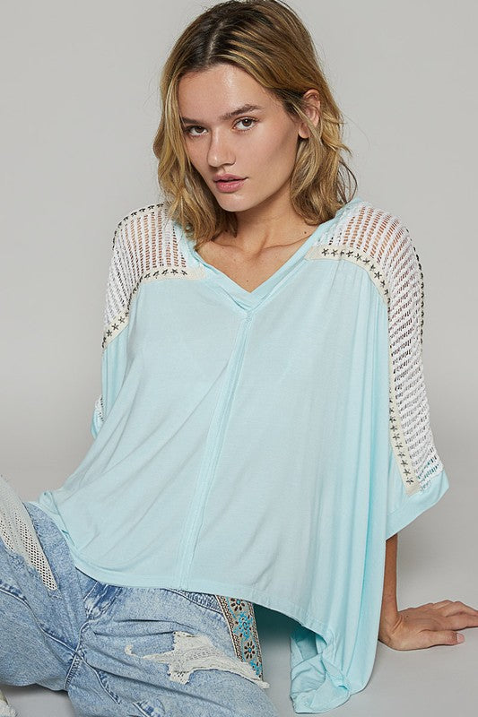 Mint Blue Crochet Lace V-Neck Top - High-Low - Studded Accents - Oversized Fit Apparel & Accessories > Clothing > Tops autopostr_pinterest_72819 Only Available for U.S. Residents POL Ship from USA sync-pinterest