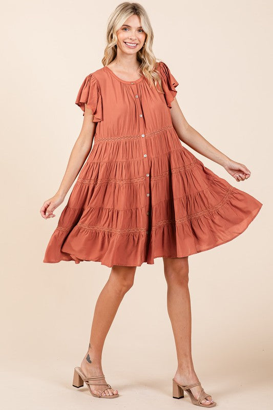 Red/Brown Ruffled Tiered Dress - Button Down Mittoshop new Ship from USA