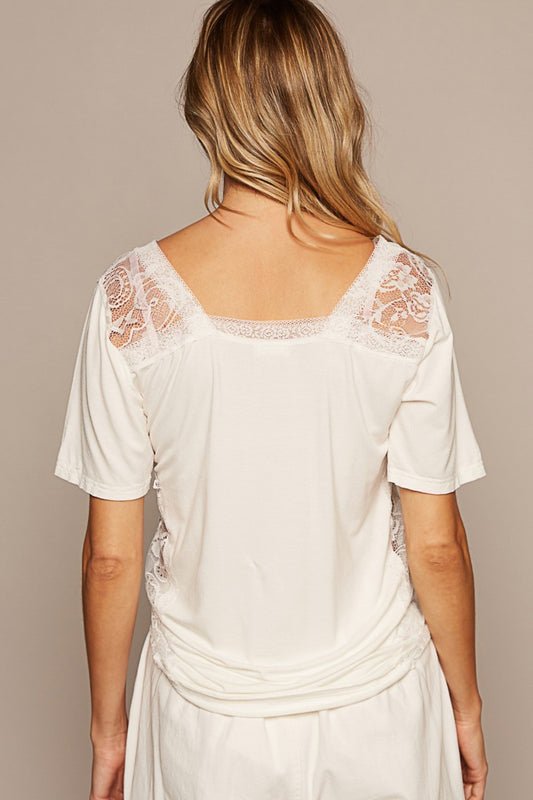 Off White Lace Top - Short Sleeve - V Neck Clothing & Accessories > Clothing > Tops autopostr_pinterest_71901 lace neck PinterestNew pol short sleeve top trim