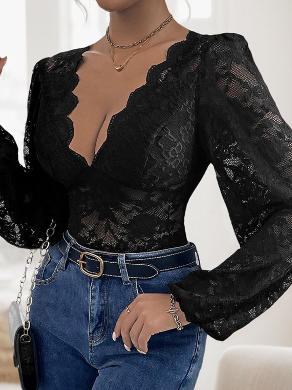 Women's Semi-Sheer Lace Top with High Stretch Polyamide Blend Apparel & Accessories > Clothing > Tops Perfee Ship From Overseas sync-pinterest