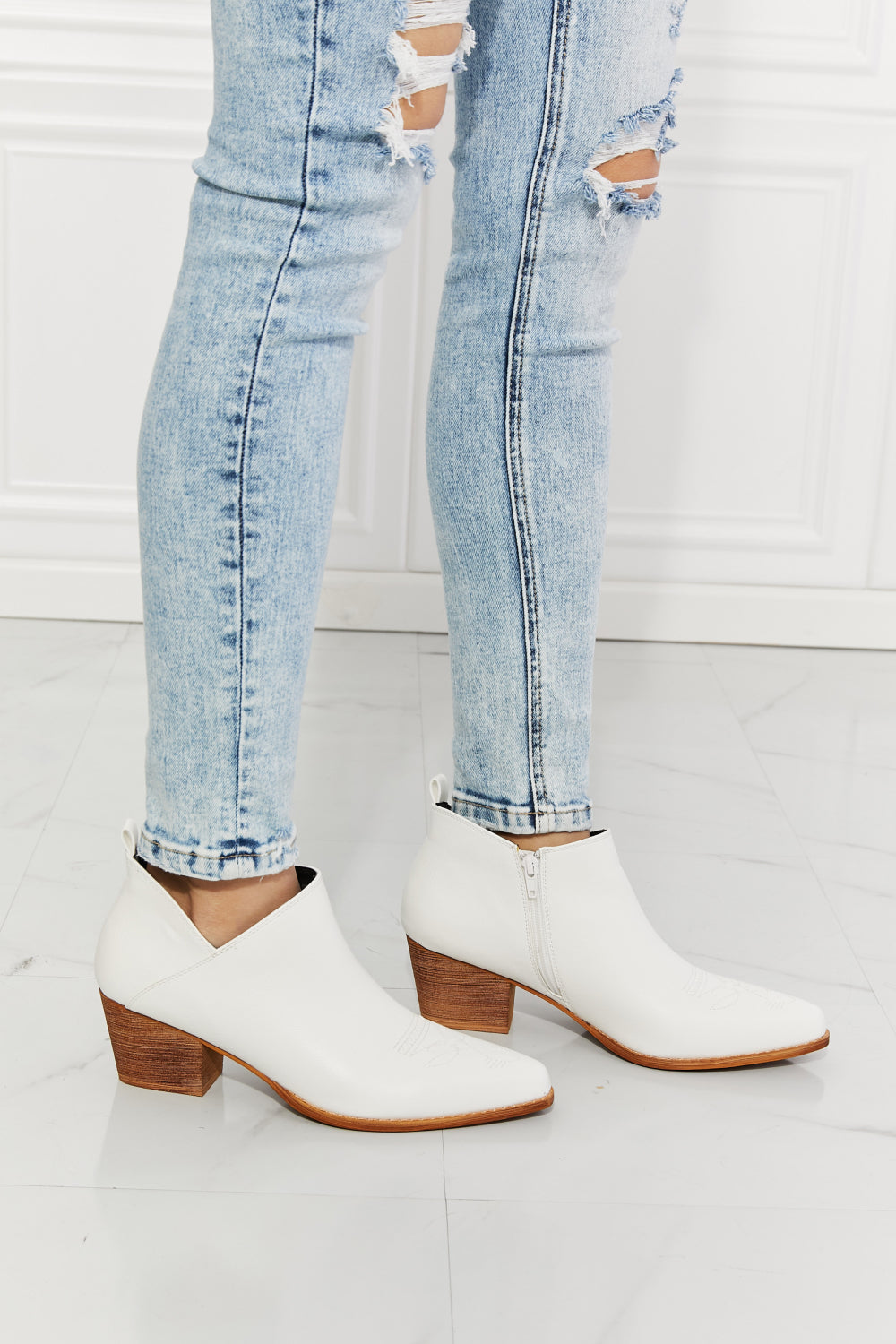 White Ankle Boots - Crossover - Cowboy - White - Low Heel - Block 5-5-shoes-usa Melody Ship from USA