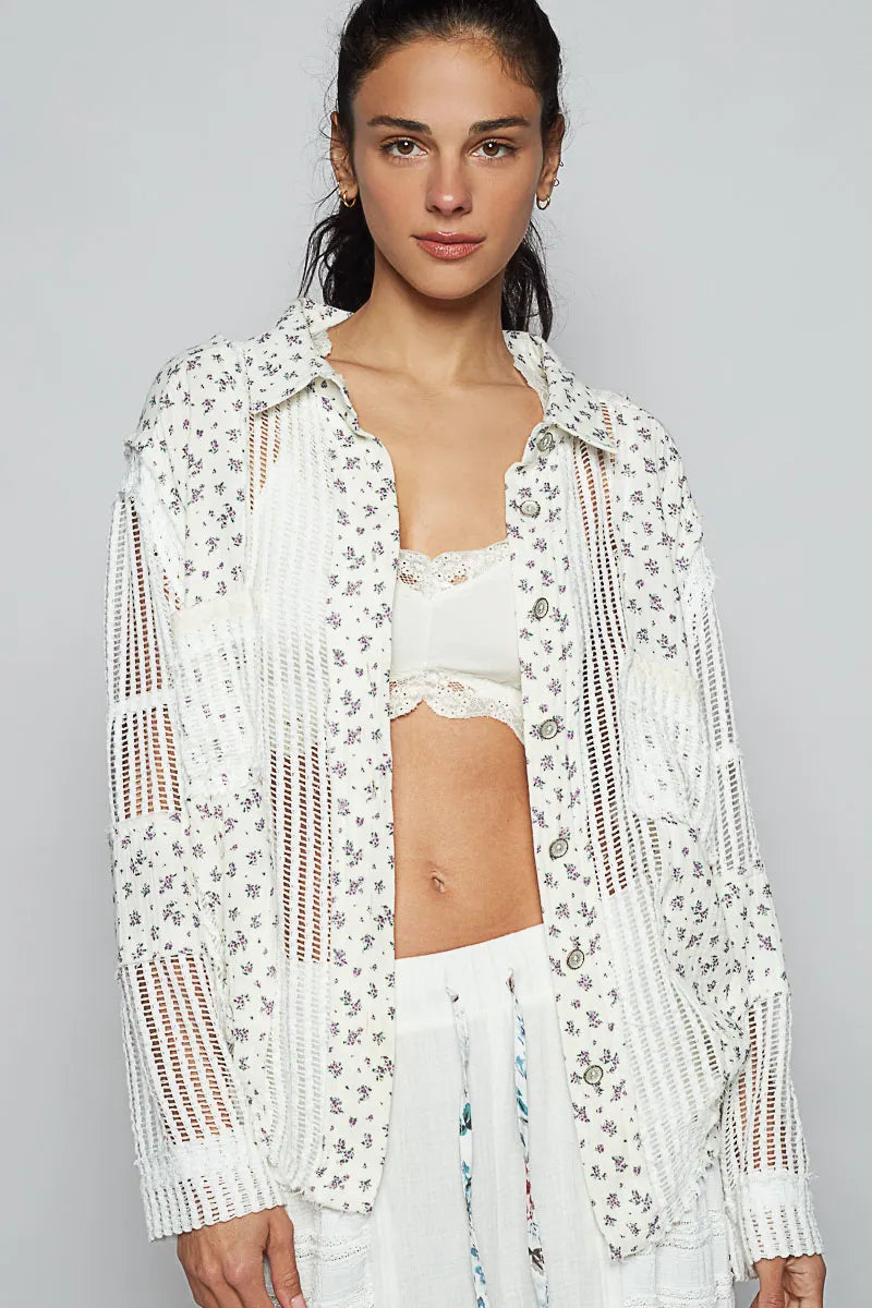 White Openwork Blouse - Boho Crochet Layering 7-11 POL Ship from USA