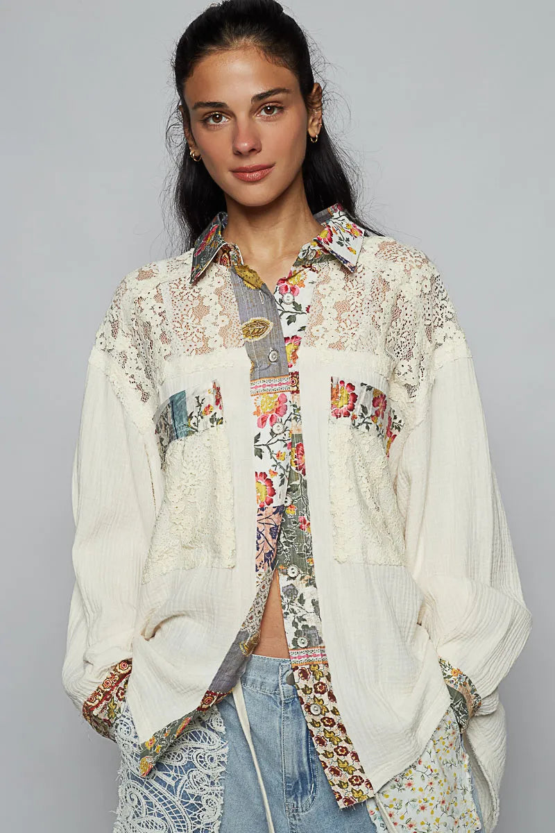 Ivory Floral Cotton Shirt - Boho Vintage Lace 7-11 POL Ship from USA