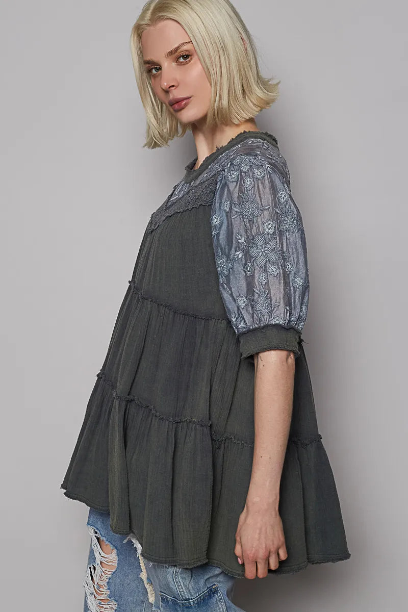 Dark Cotton Blouse - Boho Ruffled Lace 7-11 POL Ship from USA