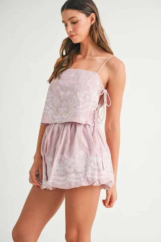 Mauve Embroidered Crop Cami Balloon Mini Skirt Set - Lightweight Trendy Matching MABLE Only Available for U.S. Residents Ship from USA