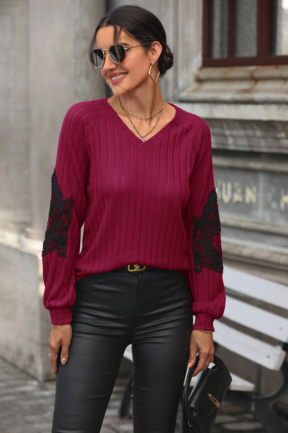 Women's Lace Detail Long Sleeve Top Apparel & Accessories > Clothing > Tops > Sweaters Detail Detail V Hundredth Lace Lace Detail Neck Ribbed Ship From Overseas Sweater sync-pinterest V