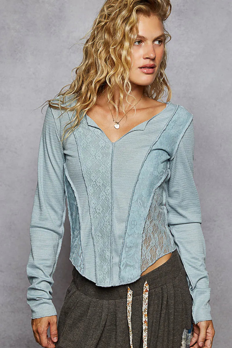 Air Force Blue Blue Polyester T-Shirt - Chic Lace Detail 7-11 POL Ship from USA