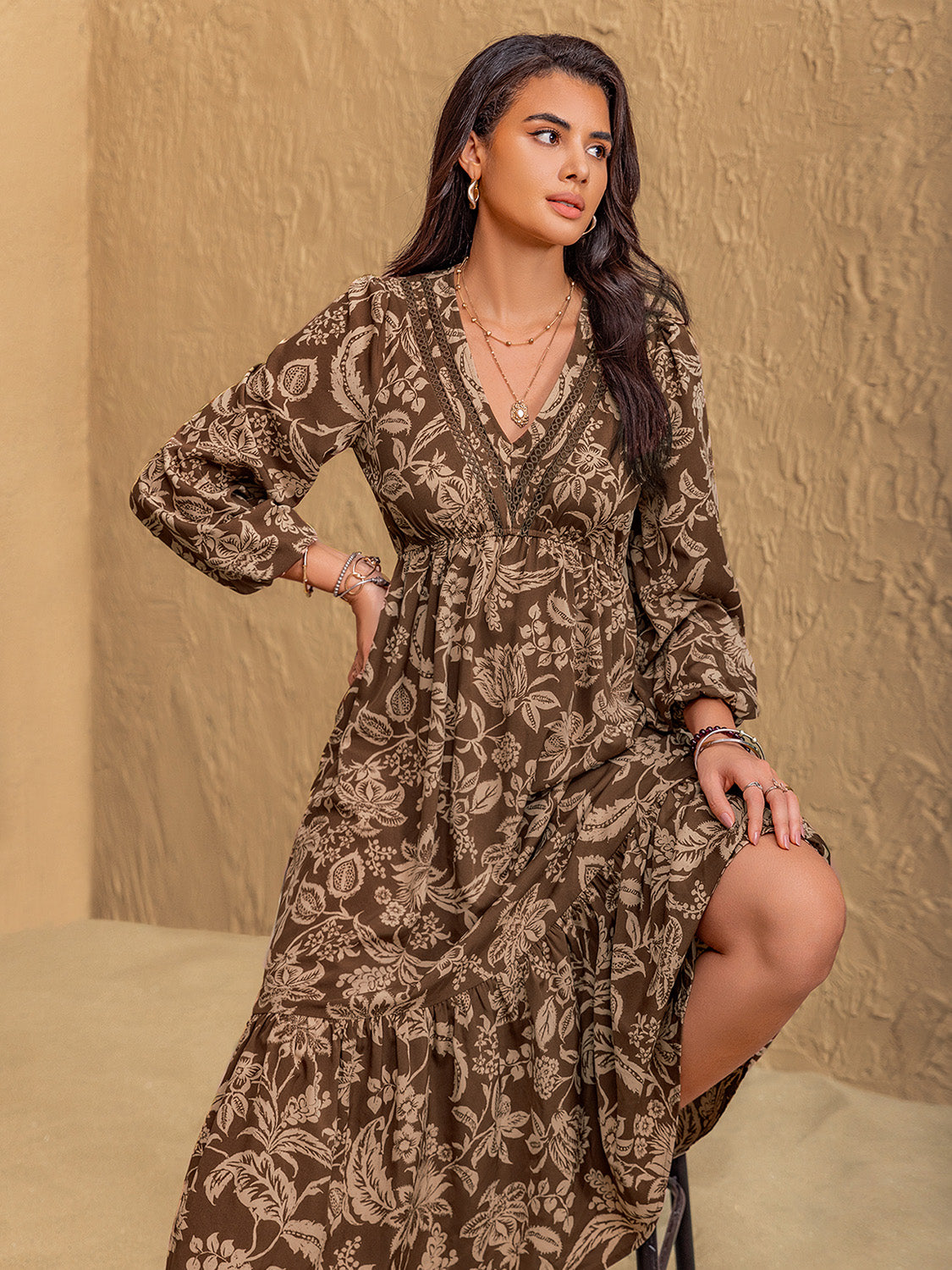 Midi Dress - Ruched Lace - Long Sleeves - Elegant Fit Apparel & Accessories > Clothing > Dresses Dress Long Long Sleeve Long Sleeve Midi Midi Midi Dress Neck Neck Long Neck Long Sleeve Print Printed Printed V Rustty Dustty Ship From Overseas Sleeve Sleeve Midi Sleeve Midi Dress sync-pinterest V