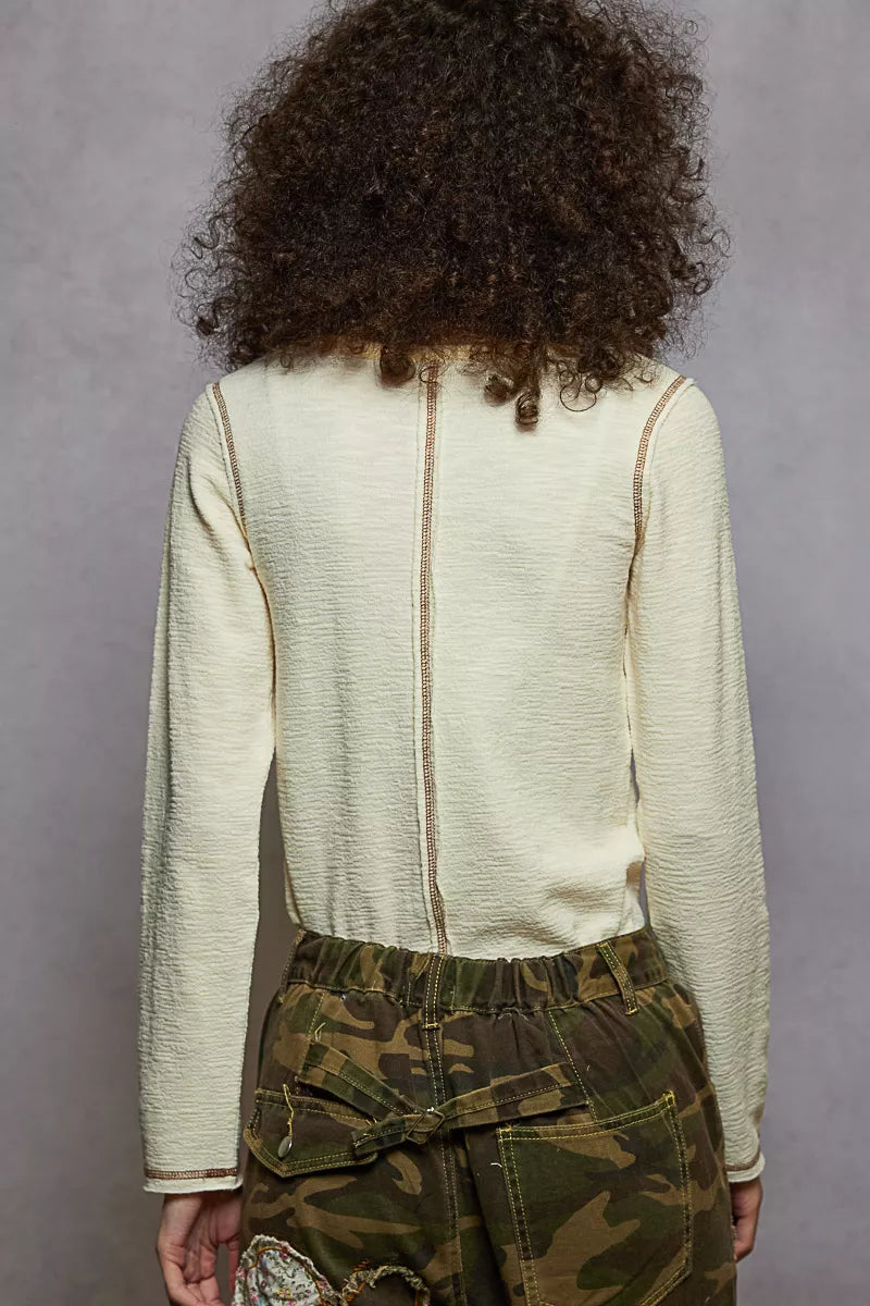 Women’s Round Neck Long Sleeve Stud Stitch T-Shirt 10-31 POL Ship from USA