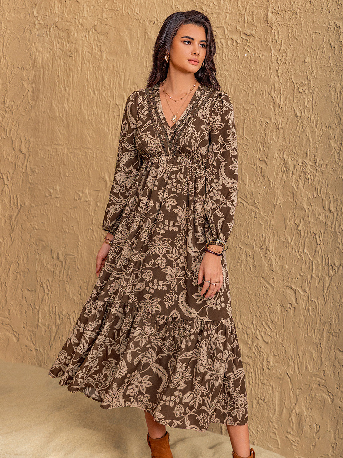 Taupe Midi Dress - Ruched Lace - Long Sleeves - Elegant Fit Apparel & Accessories > Clothing > Dresses Dress Long Long Sleeve Long Sleeve Midi Midi Midi Dress Neck Neck Long Neck Long Sleeve Print Printed Printed V Rustty Dustty Ship From Overseas Sleeve Sleeve Midi Sleeve Midi Dress sync-pinterest V
