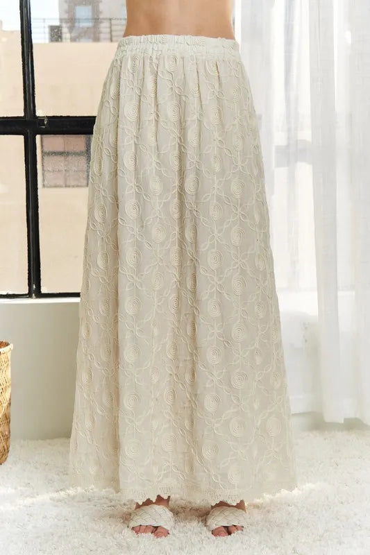 Maxi Skirt - Elastic Waist - Cotton - Applique Lace - Flowy Fit 4-23-usa ADORA Ship from USA