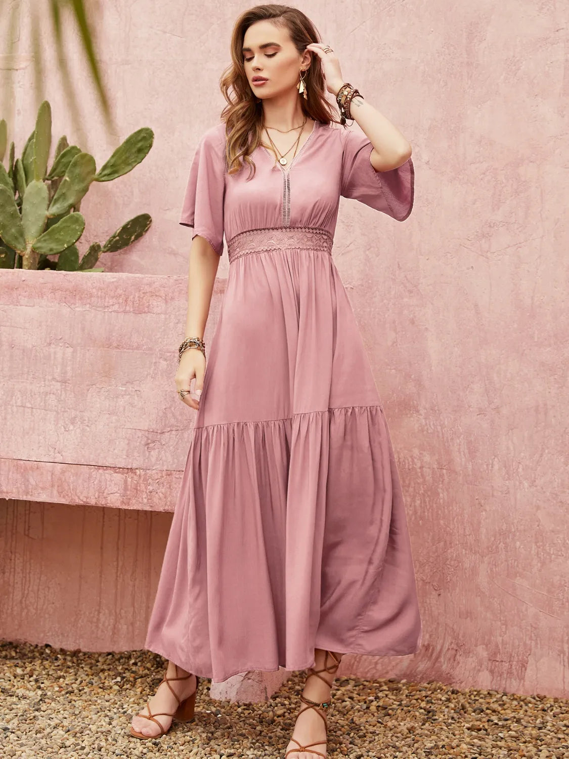 Lace Detail V-Neck Short Sleeve Dress 4-23-overseas Rusttydustty Ship From Overseas