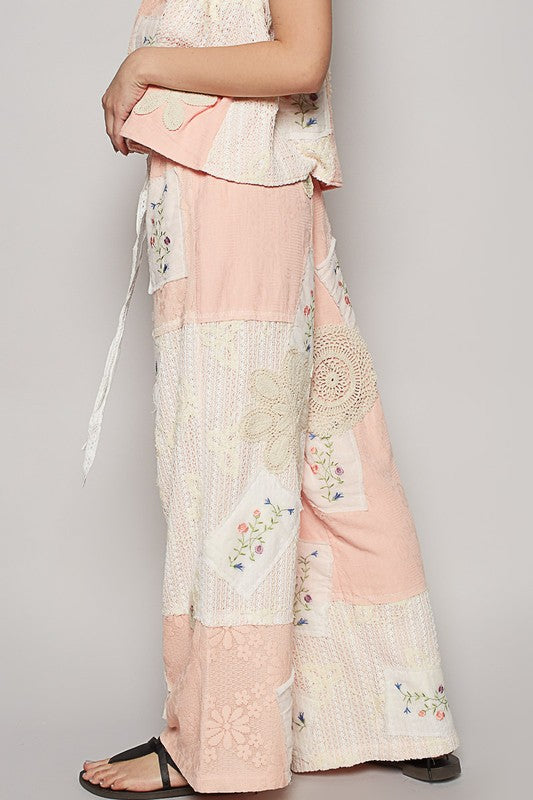Watermelon Pink Embroidered Drawstring Wide Leg Pants-Lace Patch-Comfy Fit Only Available for U.S. Residents POL Ship from USA sync-pinterest