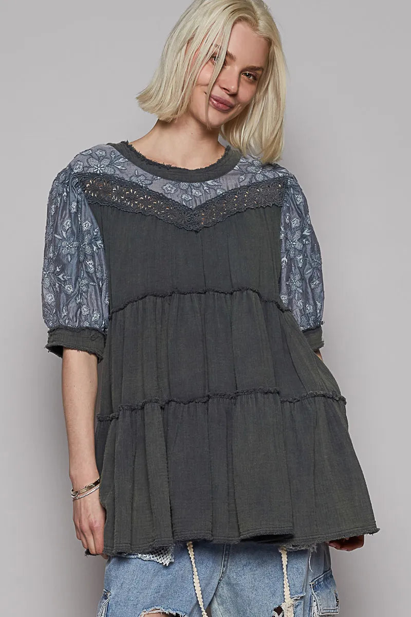 CHARCOAL Dark Cotton Blouse - Boho Ruffled Lace 7-11 POL Ship from USA