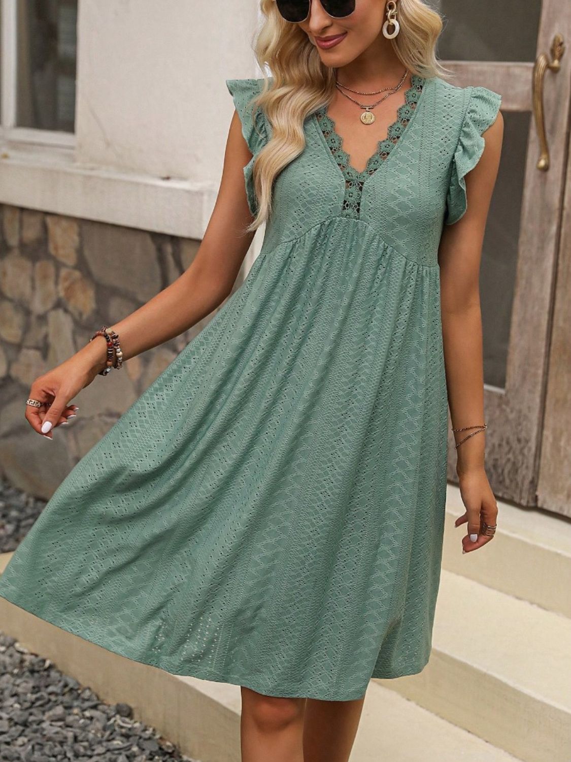 Eyelet Dress - Ruffle Trim - Lace Detail - Slight Stretch Apparel & Accessories > Clothing > Dresses autopostr_pinterest_72819 Dylan Studio Ship From Overseas sync-pinterest