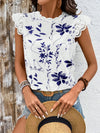 White Blue Lace Detail Printed Cap Sleeve Blouse 4-23-overseas Lotus Couture Ship From Overseas