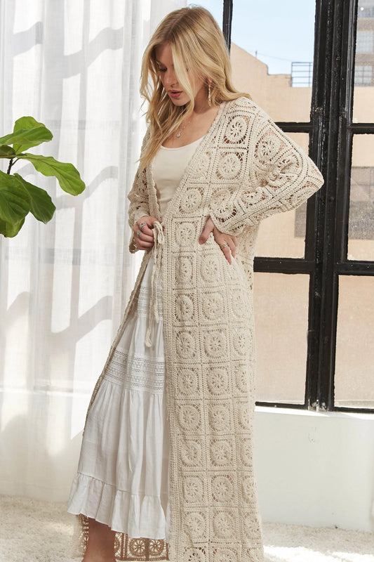 BEIGE Cardigan - Crochet Elastic Long Sleeve - Cotton Openwork Layering 4-29 ADORA Ship from USA