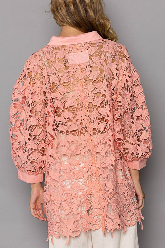 Peach Coral Lace Shirt - Button Up - Collared Neck - Long Sleeve Clothing & Accessories > Clothing > Tops > Shirts autopostr_pinterest_71118 autopostr_pinterest_71178 autopostr_pinterest_71277 button collared lace neck pol shirt