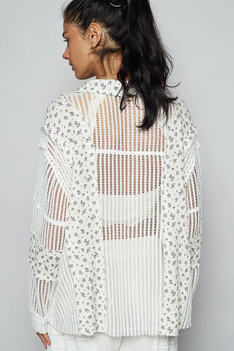 White Openwork Blouse - Boho Crochet Layering 7-11 POL Ship from USA