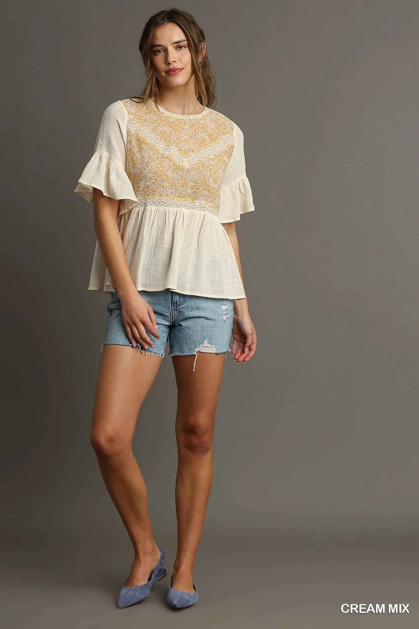 Women’s Floral Lace Trim Half Sleeve Babydoll Top 9-7 Ship from USA Umgee USA