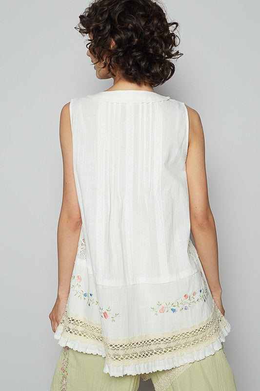 White Embroidered Lace Detail Top - V-Neck Sleeveless Top POL Ship from USA