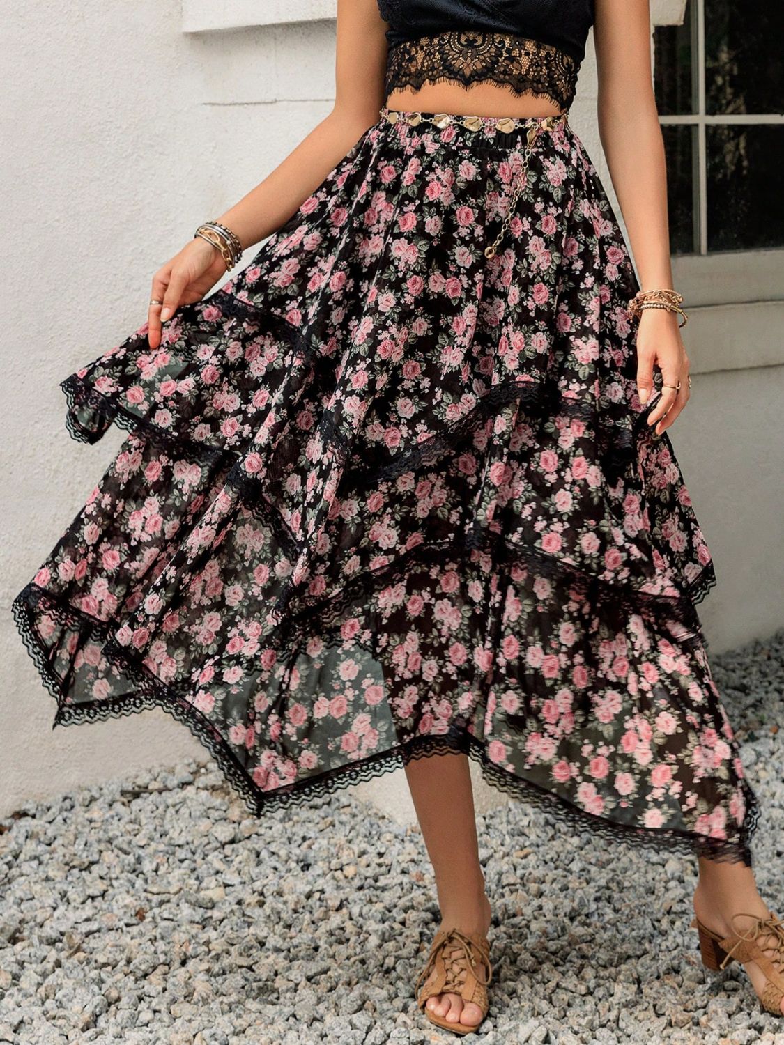 Black Layered Lace Detail Skirt in 100% Polyester Apparel & Accessories > Clothing > Skirts Detail Lace Lace Detail Layered Print Printed Rusttydustty Ship From Overseas Skirt sync-pinterest