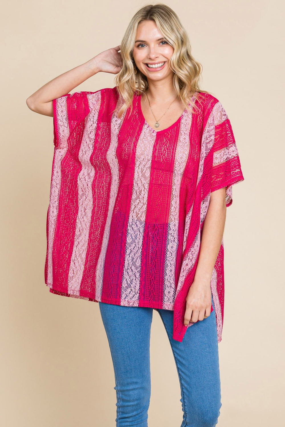 Fuchsia Oversized Lace Top - Drop Shoulder - V-Neck - Clothing & Accessories > Clothing > Tops autopostr_pinterest_71277 bleu cotton drop label neck oversize pinterestnew shoulder top