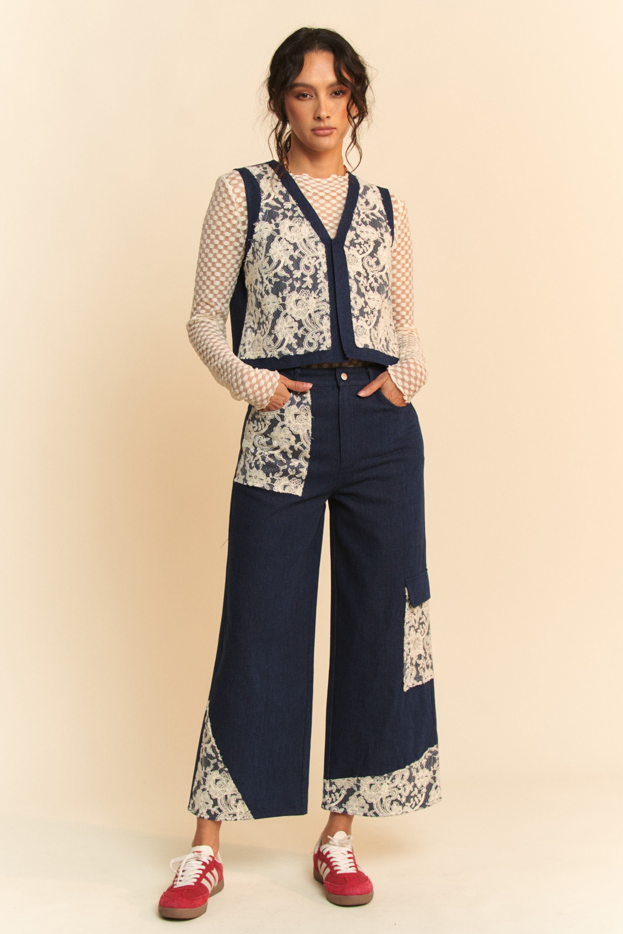 Wide Leg Cotton Denim Jeans with Lace Applique Detail Apparel & Accessories > Clothing > Pants Applique autopostr_pinterest_72819 Davi & Dani Lace Leg Only Available for U.S. Residents Ship from USA sync-pinterest Wide Wide Leg