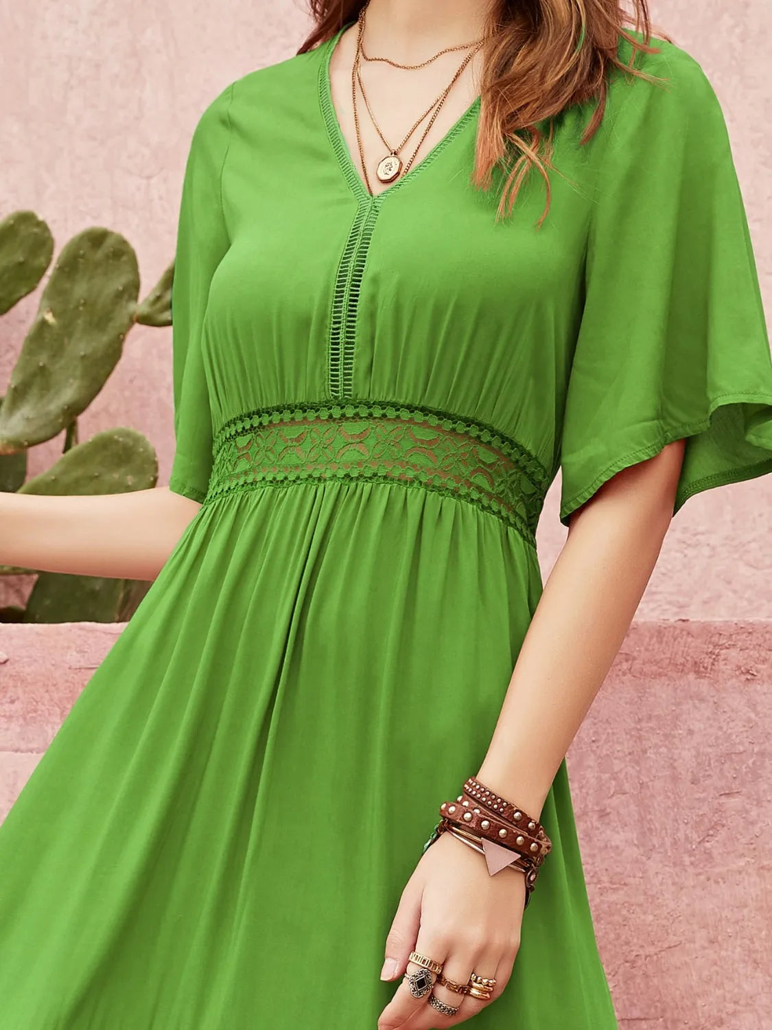 Lace Detail V-Neck Short Sleeve Dress 4-23-overseas Rusttydustty Ship From Overseas
