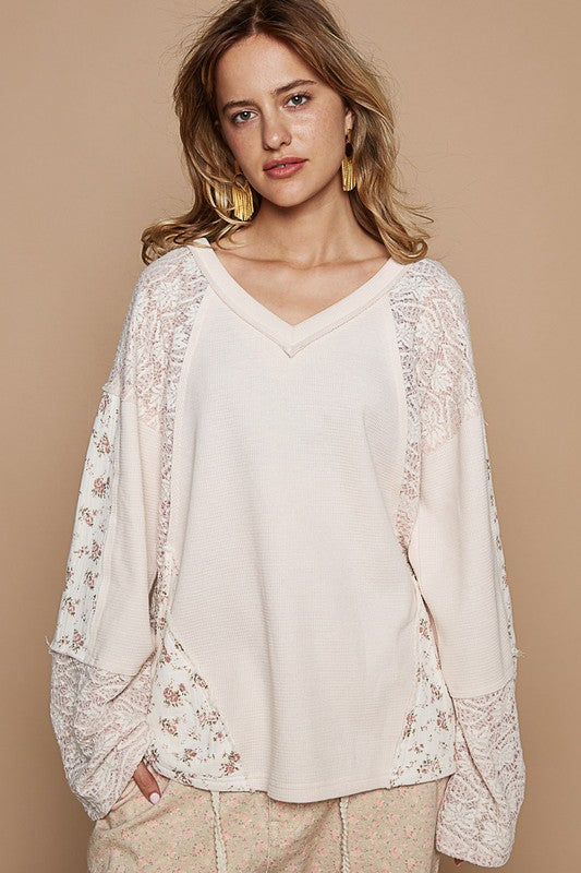 L White Round neck Knit top - Floral Lace new POL Ship from USA