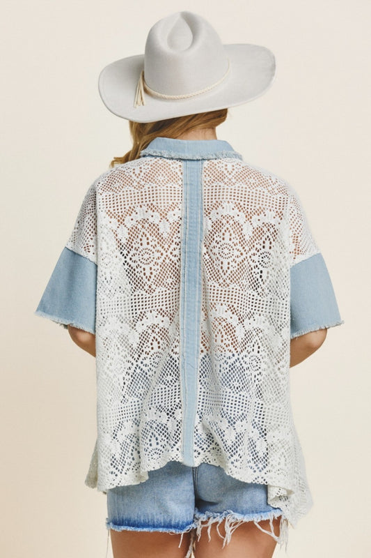 Denim Ivory Lace Shirt - Button Up - Short Sleeve Clothing & Accessories > Clothing > Tops > Shirts button lace oddi pinterestnew shirt short sleeve