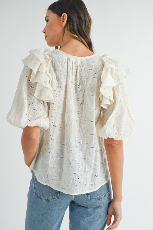 Cream Blouse - Puff Sleeve - Lace Ruffled Shoulders Clothing & Accessories > Clothing > Tops > Blouses autopostr_pinterest_71118 autopostr_pinterest_71178 autopostr_pinterest_71277 blouse eyelet lace mable puff ruffle shoulder sleeve