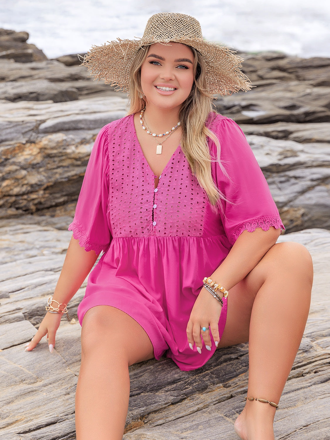 Plus Size Ruched Lace Eyelet Top with Button Detail - Viscose Blend Apparel & Accessories > Clothing > Jumpsuits & Rompers Detail Detail V Half Half Sleeve Lace Lace Detail Neck Neck Half Neck Half Sleeve Plus Plus Size Plus Size Lace Romper Rusttydustty Ship From Overseas Size Size Lace Size Lace Detail Sleeve sync-pinterest V