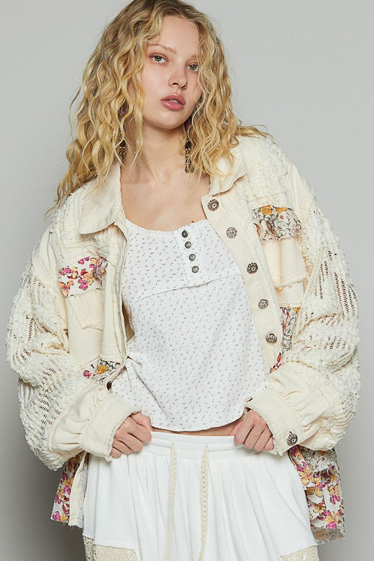 Cream Floral Crochet Lace Button Up Shacket with Frayed Edges Apparel & Accessories > Clothing > Tops Only Available for U.S. Residents POL Ship from USA sync-pinterest