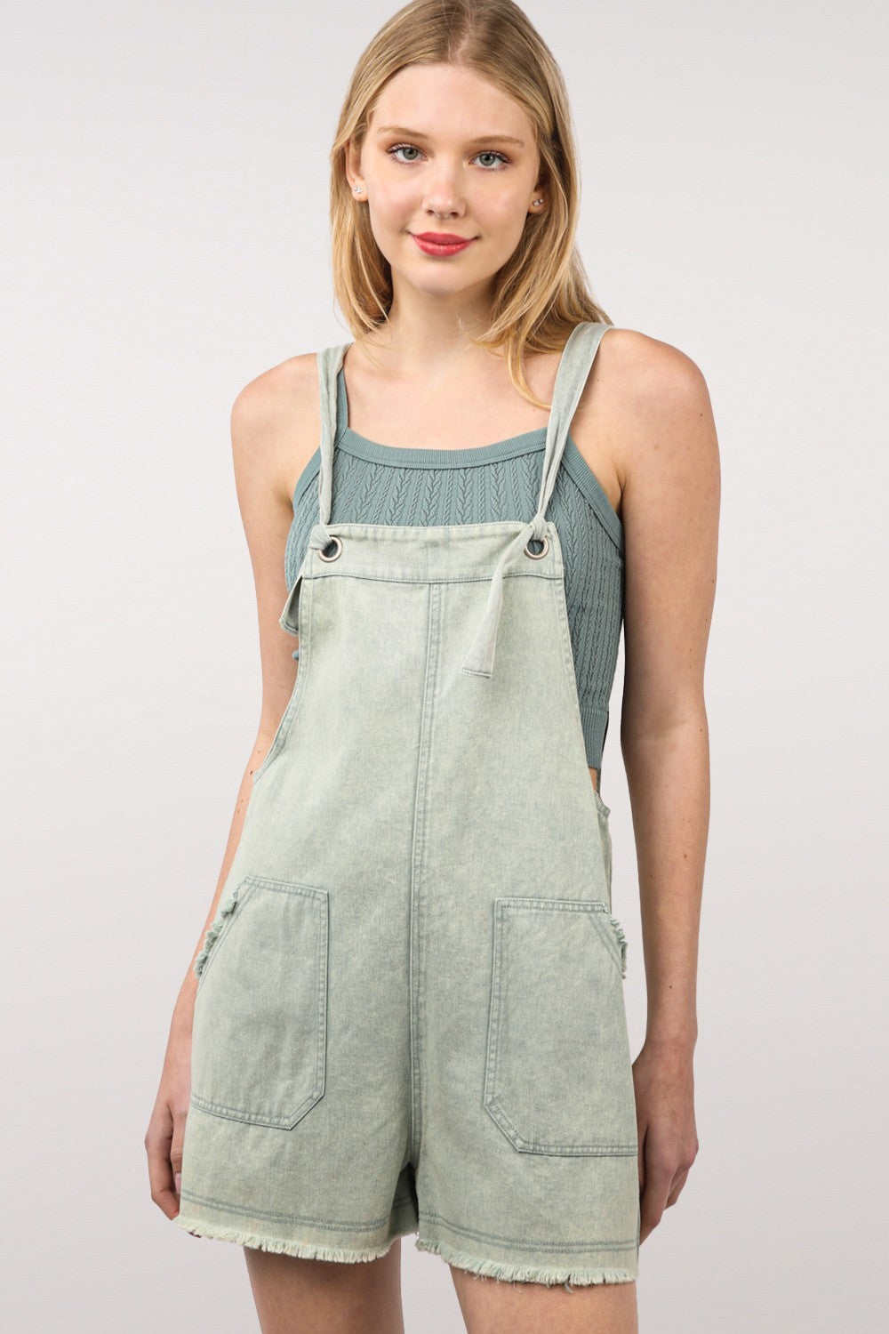 Sage Eco-Friendly Washed Cotton Denim Romper with Raw Hem and Pockets Apparel & Accessories > Clothing > Jumpsuits & Rompers Only Available for U.S. Residents Ship from USA sync-pinterest VERY J