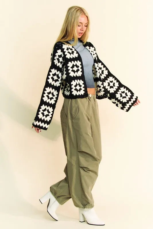 Floral Crochet Square Cardigan - Two-Tone Boho 7-6 Davi & Dani Ship from USA