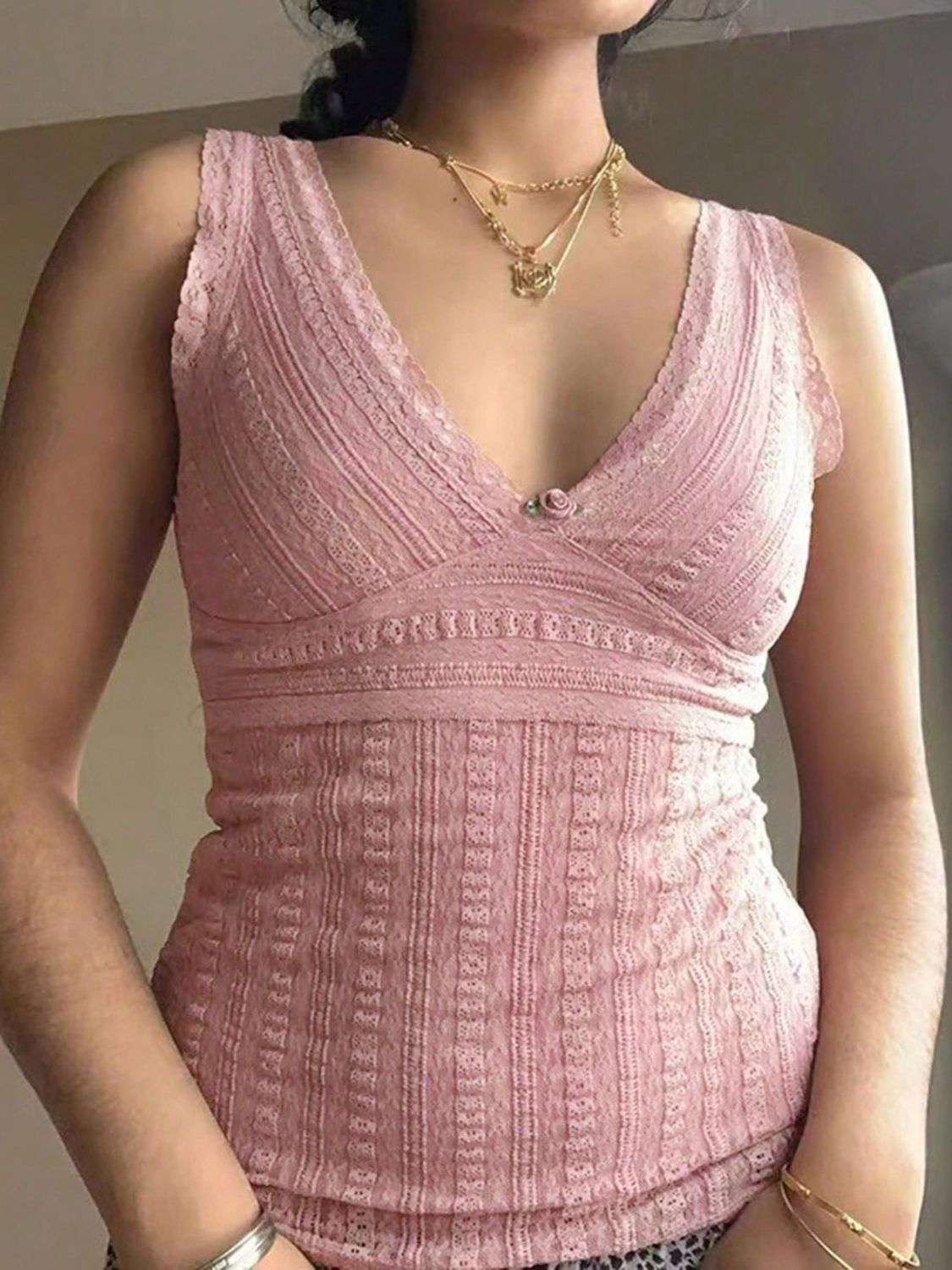 Women's Lace Top with Moderate Stretch and Opaque Finish Apparel & Accessories > Clothing > Tops Devine Lace Neck Neck Tank Ship From Overseas sync-pinterest T Tank V
