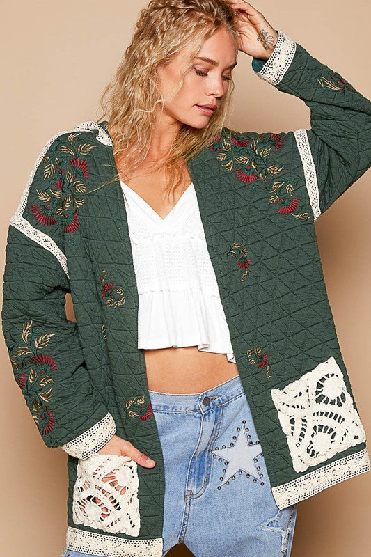 L Dark green Quilted Jacket - Crochet pockets - Open Front autopostr_pinterest_71667 new pinterestone POL Ship from USA