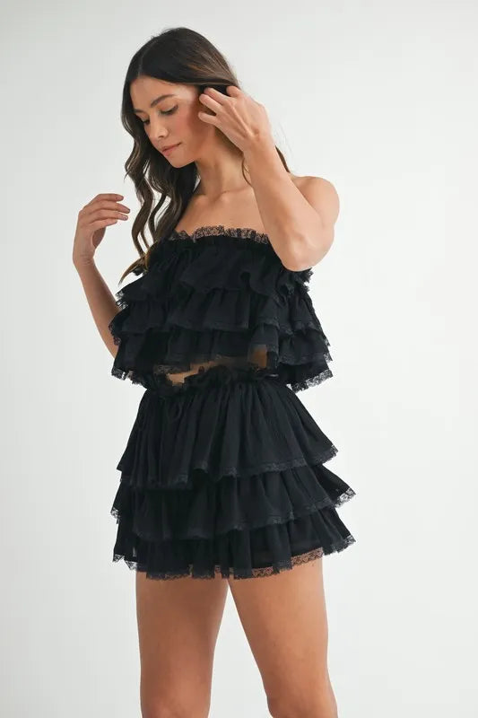 Crop Top Mini Skirt Set - Ruffle Layered - Lace Trim Apparel & Accessories > Clothing > Outfits & Sets autopostr_pinterest_71901 autopostr_pinterest_72819 MABLE Only Available for U.S. Residents Ship from USA sync-pinterest