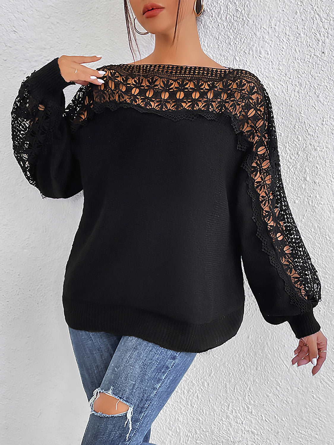 Women's Lace Detail Acrylic Sweater with Moderate Stretch Apparel & Accessories > Clothing > Tops O & Y.M Ship From Overseas sync-pinterest