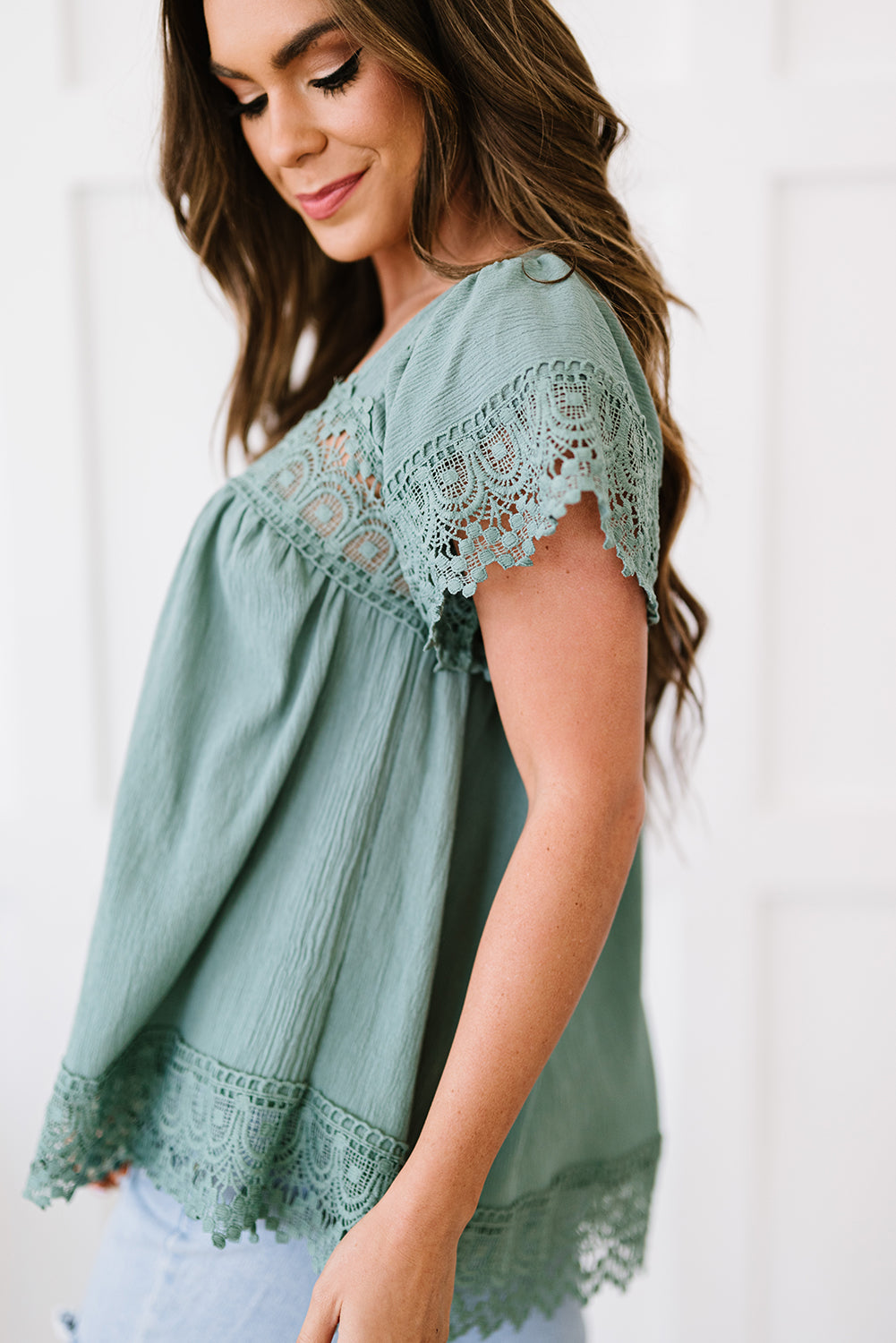Cotton Top with Lace Detail and Short Sleeves Apparel & Accessories > Clothing > Tops Blouse Detail Lace Lace Detail Neck Neck Short Ship From Overseas Short Short Sleeve Sleeve Sleeve Blouse sync-pinterest SYNZ T V