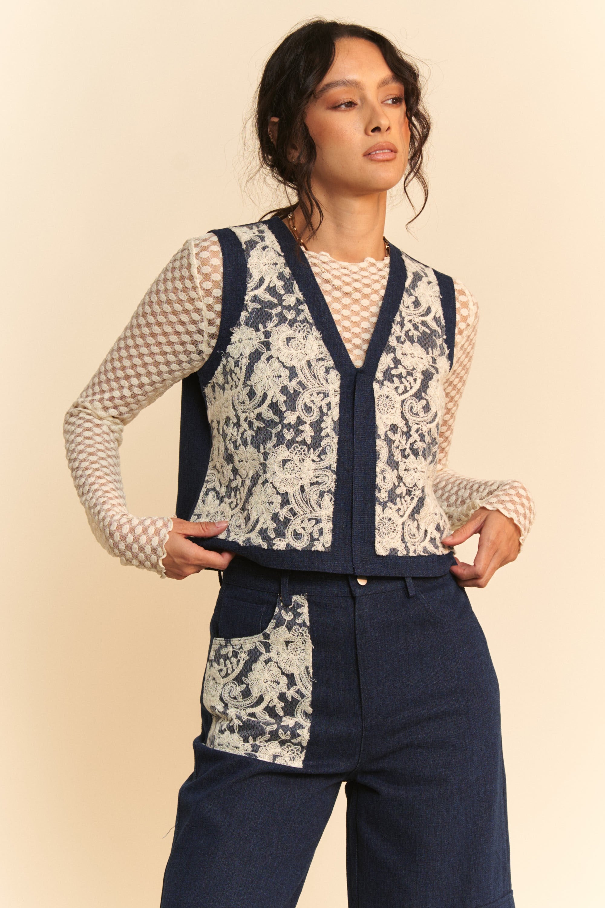Denim Vest - Open Front - Lace Accents - 100% Cotton Apparel & Accessories > Clothing > Outerwear autopostr_pinterest_72819 Davi & Dani Only Available for U.S. Residents Ship from USA sync-pinterest