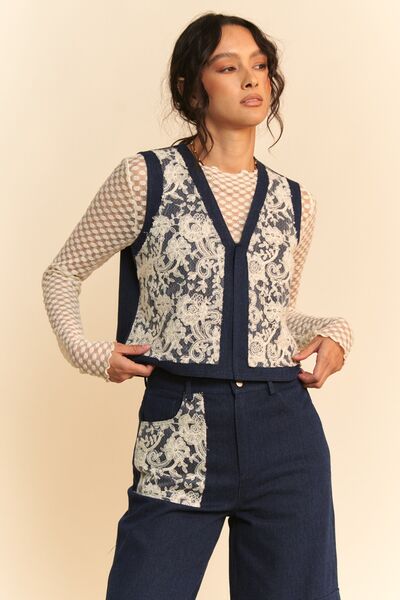 Lace Patch Open Front Denim Vest Davi & Dani new patch patches patchwork Ship from USA