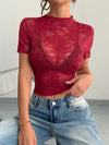 Top - Lace - Mock Neck - Short Sleeve - Elegant - Fitted 5-1-overseas Ship From Overseas WXFS