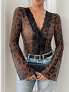 Brown Sheer Lace Top with Decorative Buttons and High Stretch Apparel & Accessories > Clothing > Tops Bodysuit Lace Lace Bodysuit Leopard Neck Neck Lace Perfee Ship From Overseas sync-pinterest T V