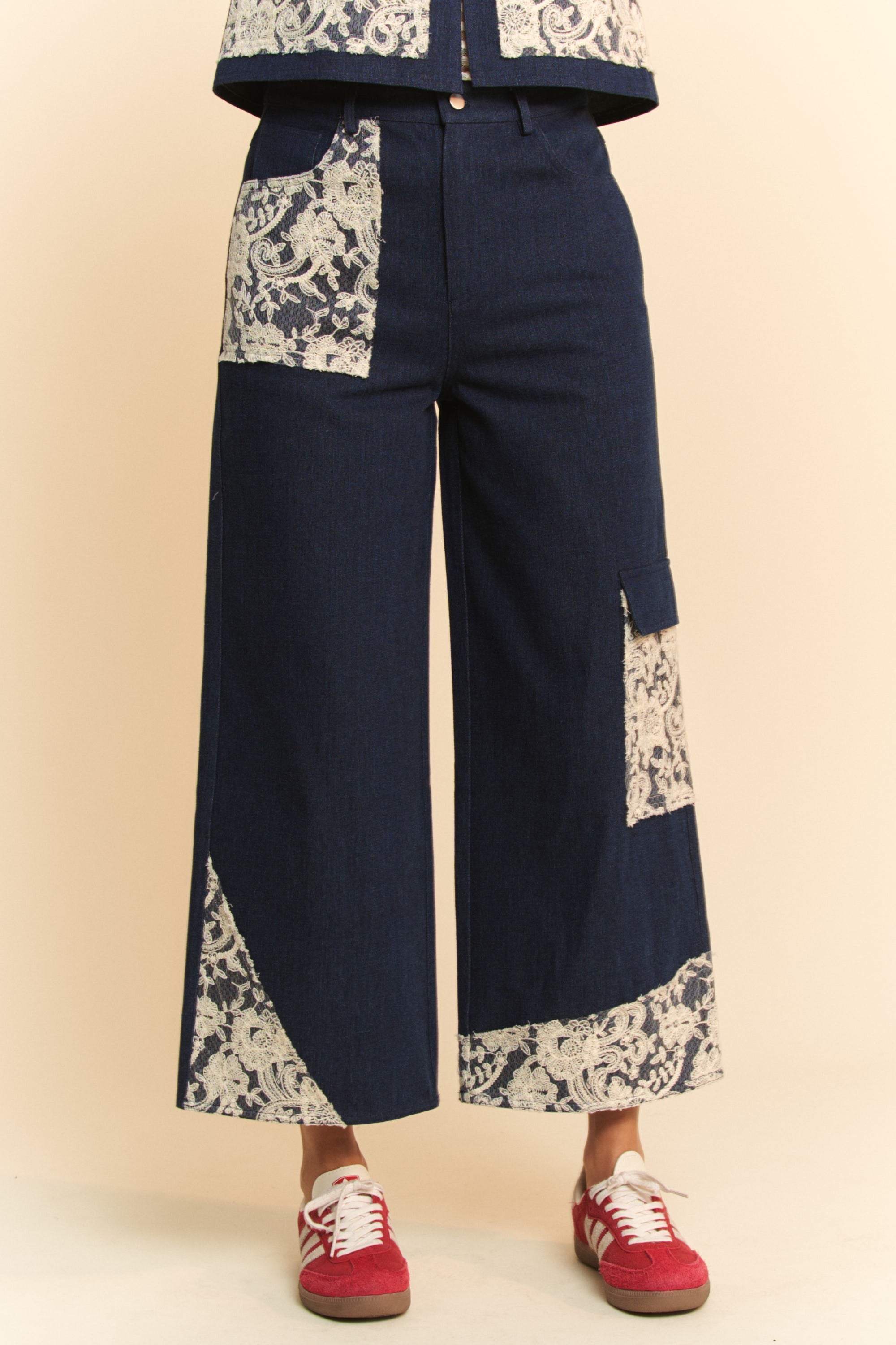 Wide Leg Cotton Denim Jeans with Lace Applique Detail Apparel & Accessories > Clothing > Pants Applique autopostr_pinterest_72819 Davi & Dani Lace Leg Only Available for U.S. Residents Ship from USA sync-pinterest Wide Wide Leg